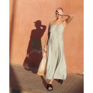 H&M HM Sage Green Lace Detail Sleeveless Slip Midi Maxi Dress, size M